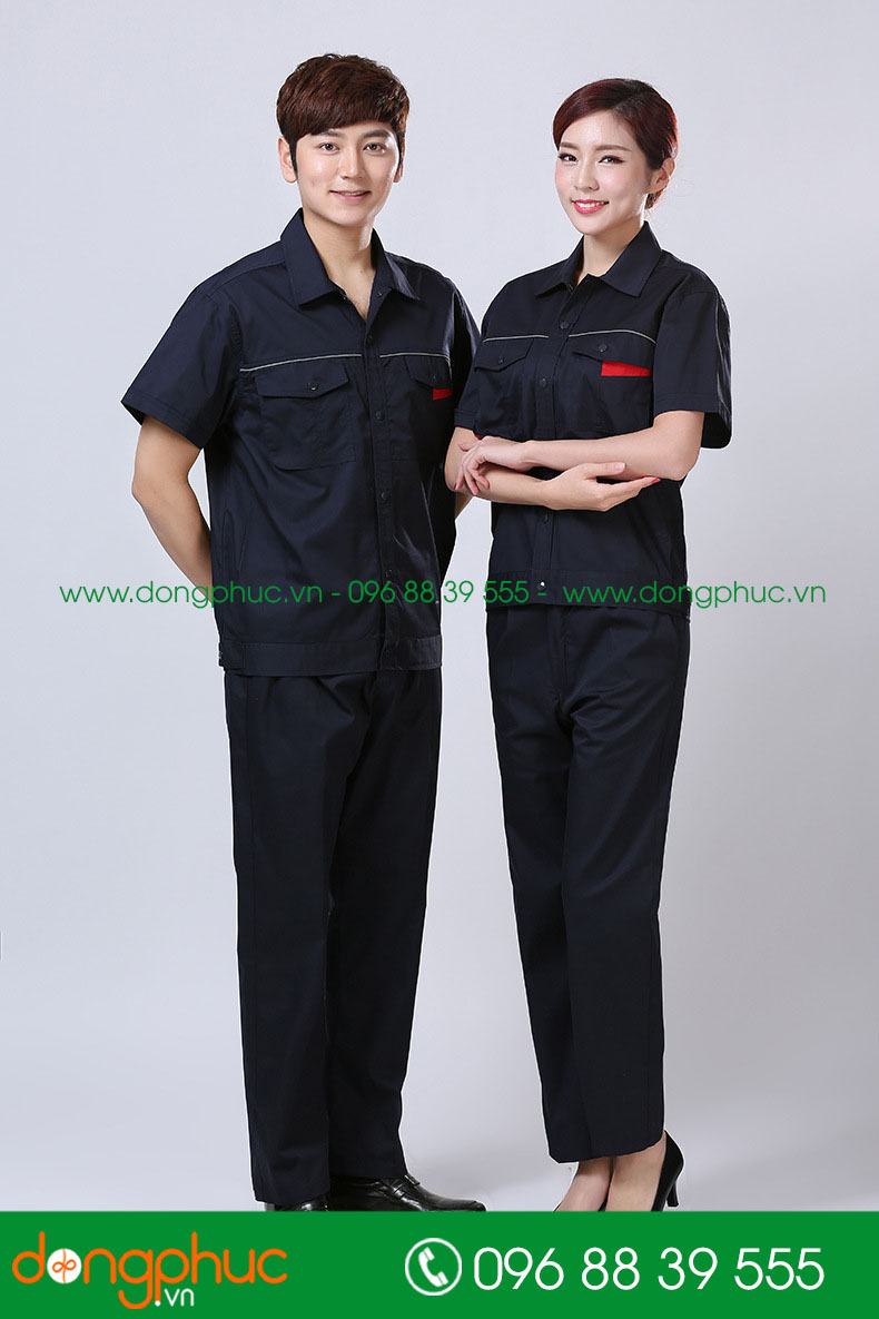 Mẫu áo đồng phục kỹ sư – công nhân màu tím than phối đỏ cộc tay - mẫu 5