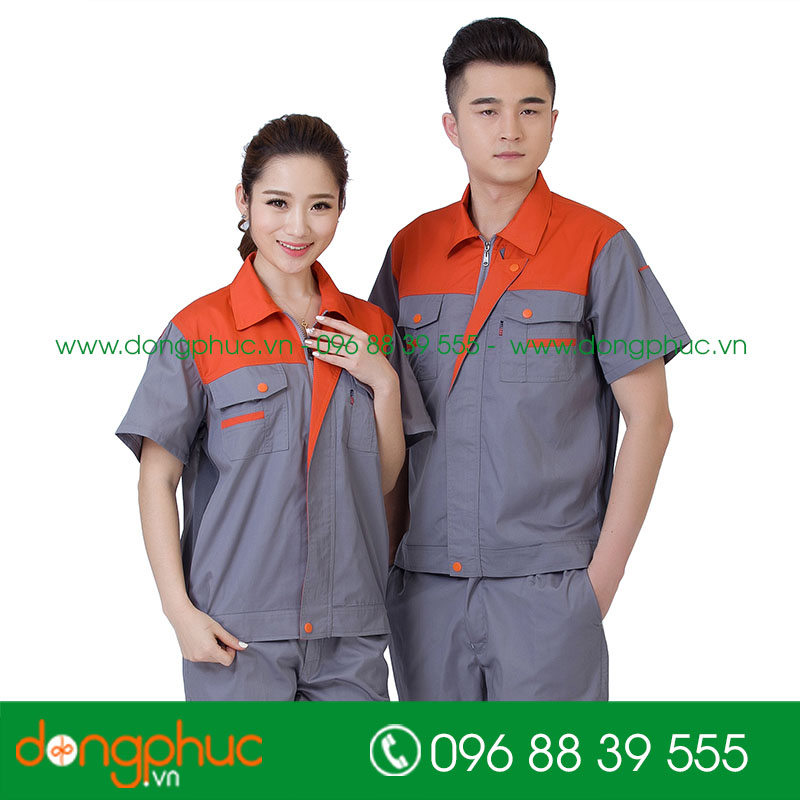 Mẫu áo đồng phục kỹ sư – công nhân màu tím than phối xanh lá cộc tay - mẫu 6