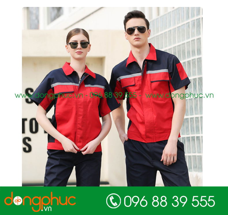 Mẫu áo đồng phục kỹ sư – công nhân màu tím than phối đỏ đô