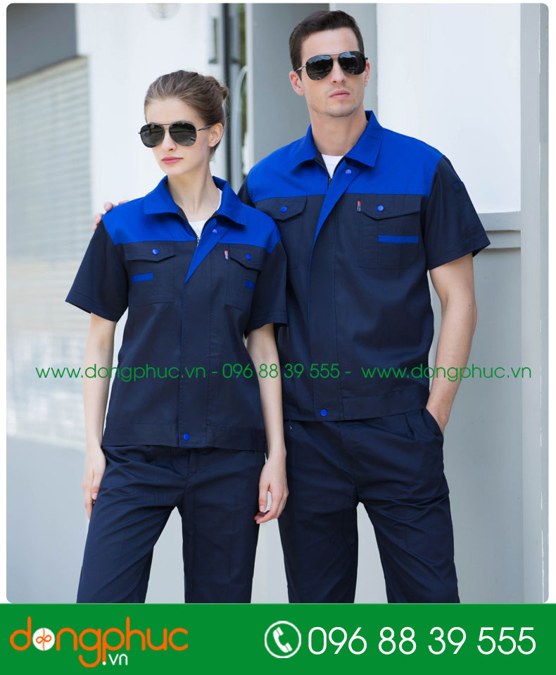Mẫu áo đồng phục kỹ sư – công nhân màu tím than phối xanh cộc tay