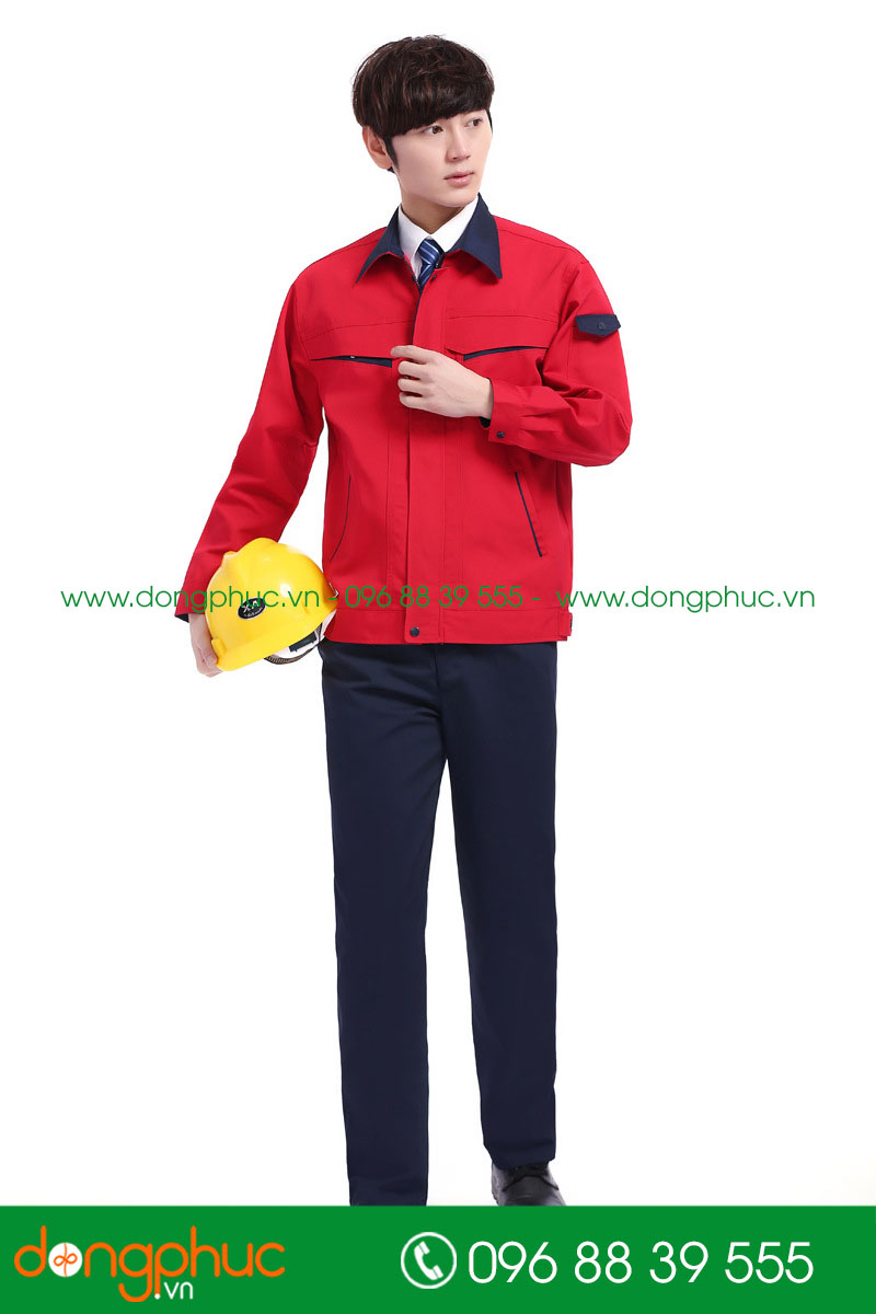 Mẫu áo đồng phục kỹ sư – công nhân màu đỏ phối tím than
