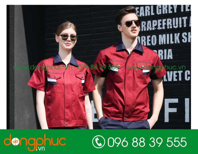 Mẫu áo đồng phục kỹ sư – công nhân màu tím than phối đỏ đô - mẫu 4