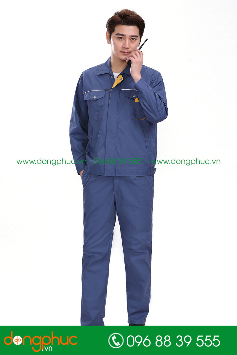 Mẫu áo đồng phục kỹ sư – công nhân màu xanh đậm phối vàng - mẫu 4