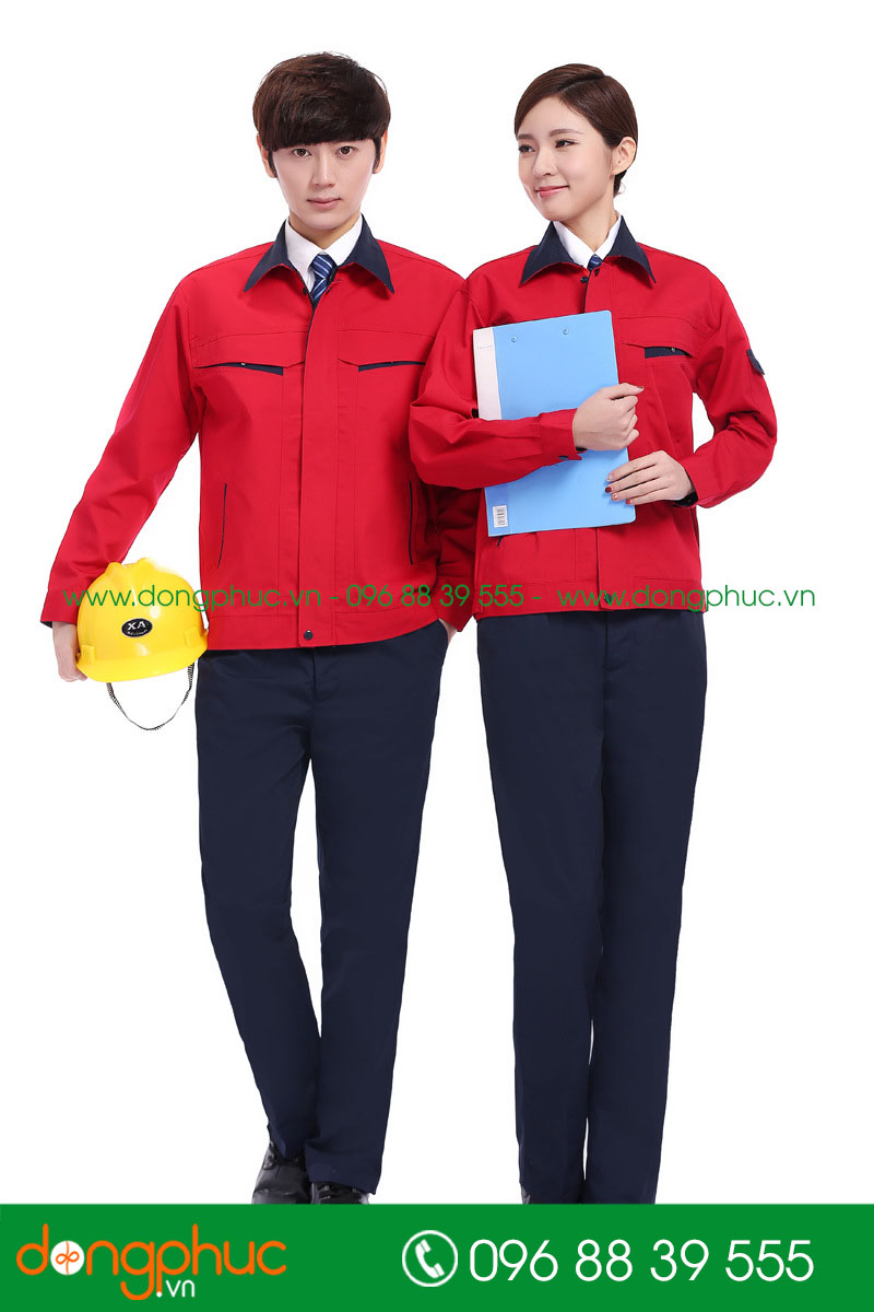 Mẫu áo đồng phục kỹ sư – công nhân màu đỏ phối tím than - mẫu 5