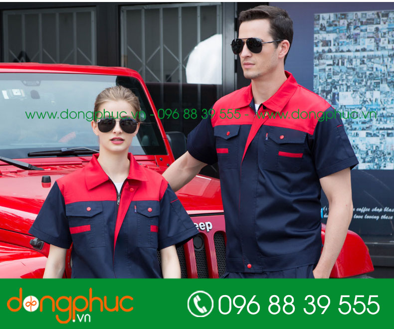 Mẫu áo đồng phục kỹ sư – công nhân màu tím than phối xanh cộc tay - mẫu 5