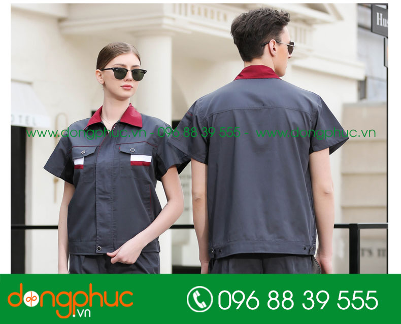 Mẫu áo đồng phục kỹ sư – công nhân màu tím than phối đỏ đô - mẫu 6
