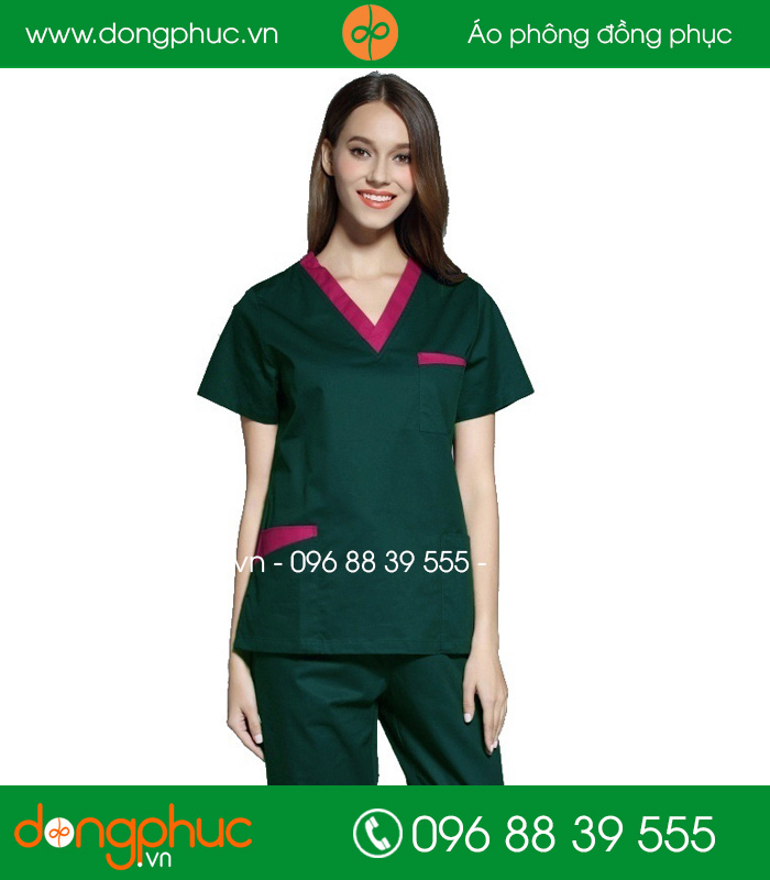 Quần áo đồng phục phòng mổ màu xanh rêu viền hồng
