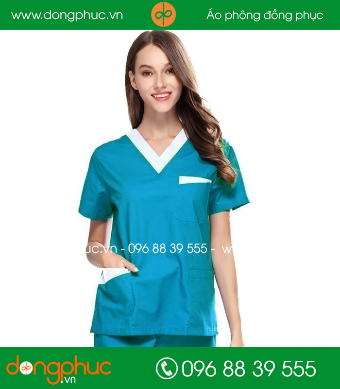 Quần áo đồng phục phòng mổ màu xanh cổ trắng