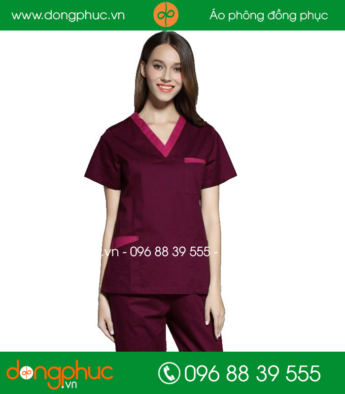 Quần áo đồng phục phòng mổ màu đỏ đô viền hồng