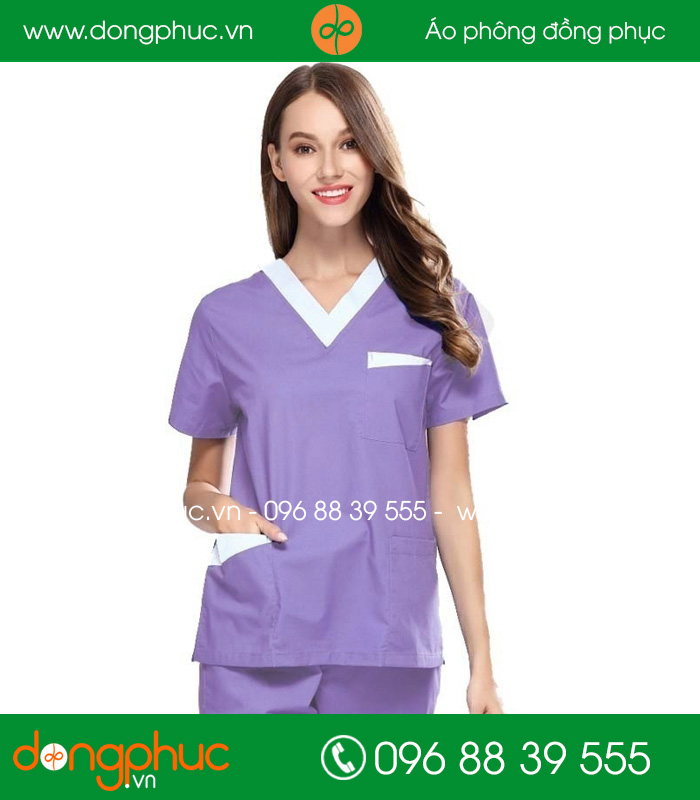 Quần áo đồng phục phòng mổ màu tím cà viền trắng