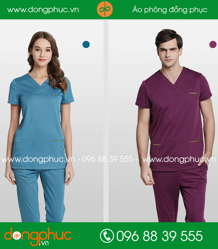 Quần áo đồng phục phòng mổ màu xanh và tím