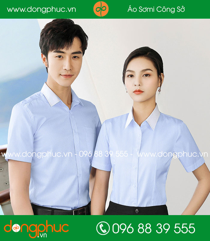 Đồng phục áo sơ mi kẻ màu xanh dương cộc tay