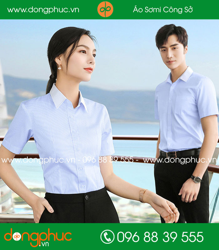 Đồng phục áo sơ mi kẻ màu xanh dương cộc tay - mẫu 2