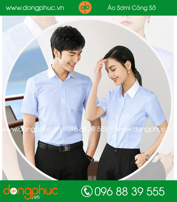 Đồng phục áo sơ mi kẻ màu xanh dương cộc tay - mẫu 3