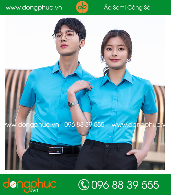 Đồng phục áo sơ mi màu xanh cộc tay - mẫu 2