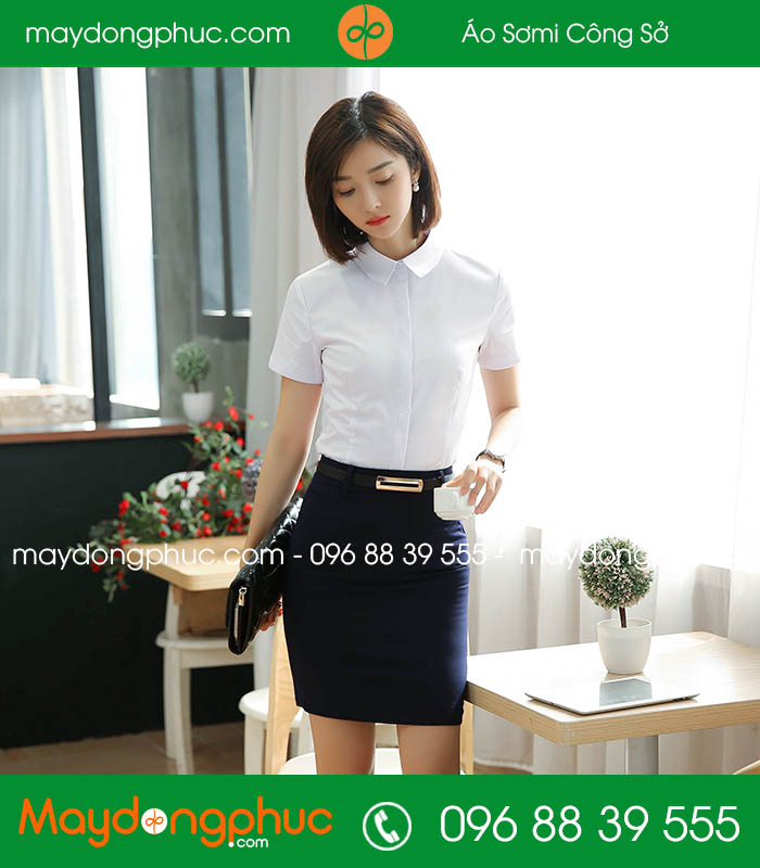 Đồng phục áo sơ mi màu trắng cộc tay váy tím than - mẫu 4