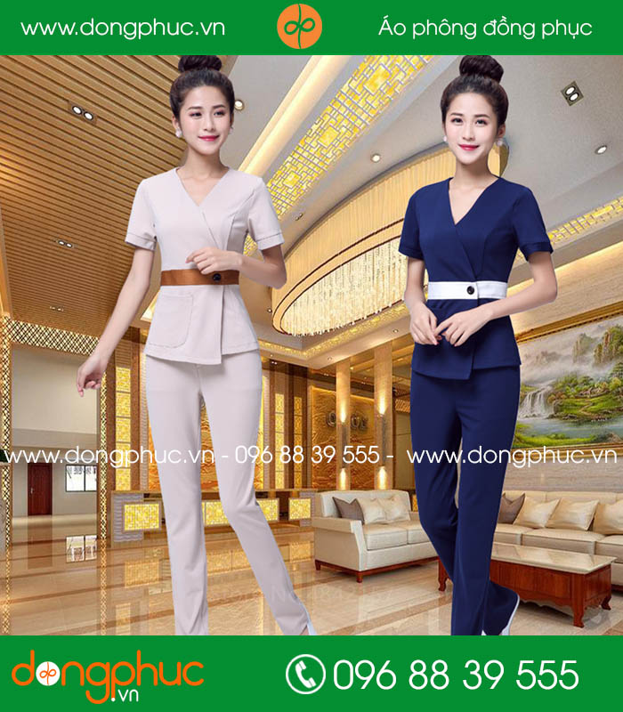Quần áo đồng phục spa màu tím than và hồng nhạt