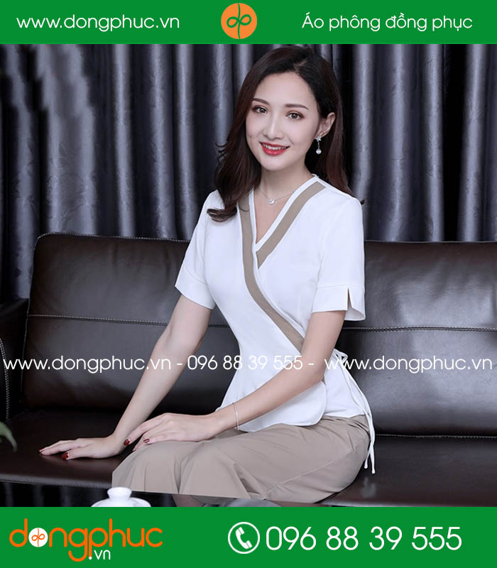 Quần áo đồng phục spa màu trắng phối ghi - mẫu 2
