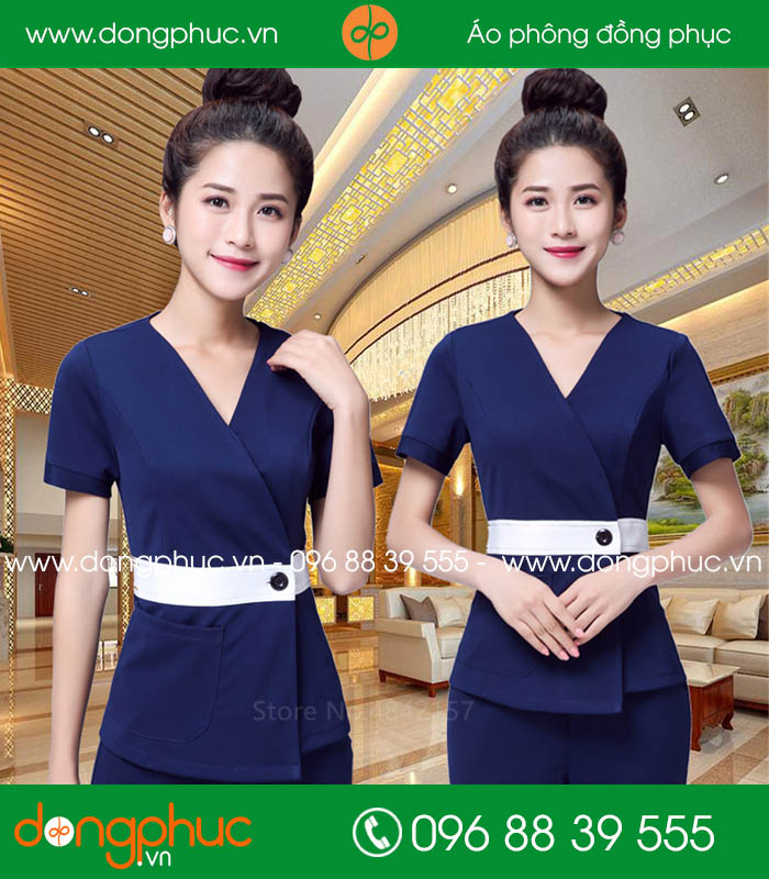 Quần áo đồng phục spa màu tím than đai trắng