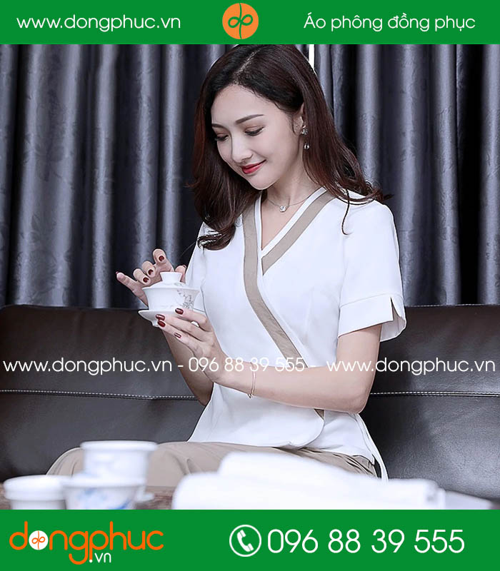 Quần áo đồng phục spa màu trắng phối ghi - mẫu 5