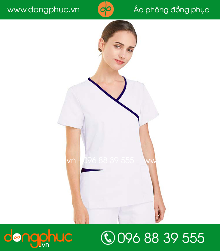 Quần áo đồng phục spa màu trắng viền tím than