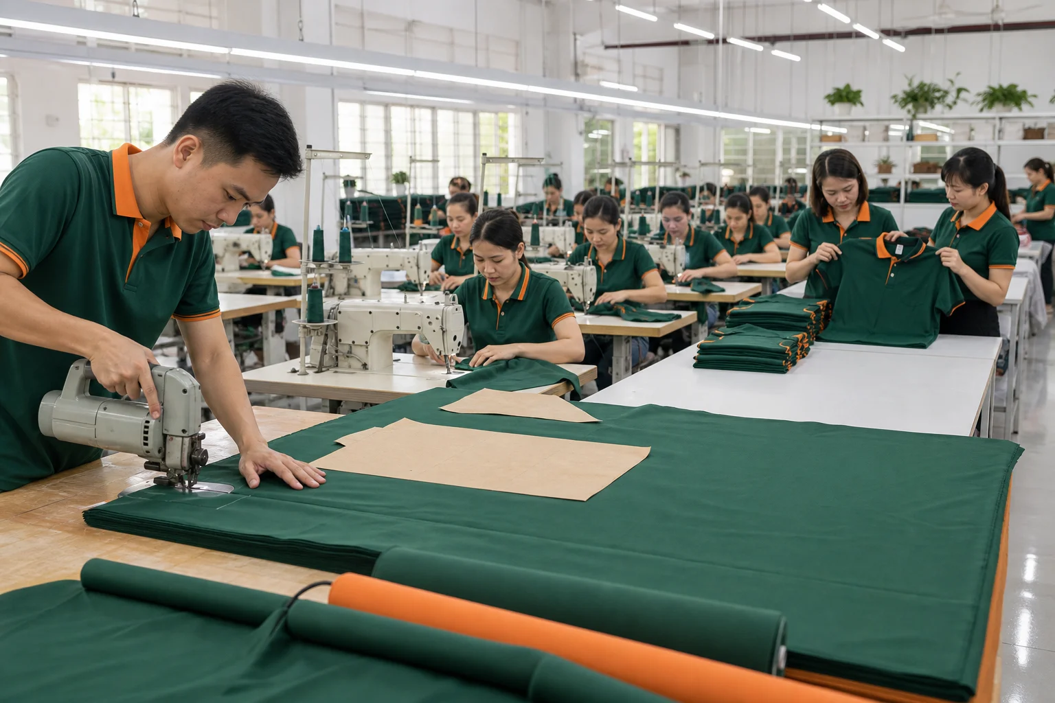 Kỹ thuật viên kiểm tra áo polo và vận hành máy thêu trong xưởng may đồng phục